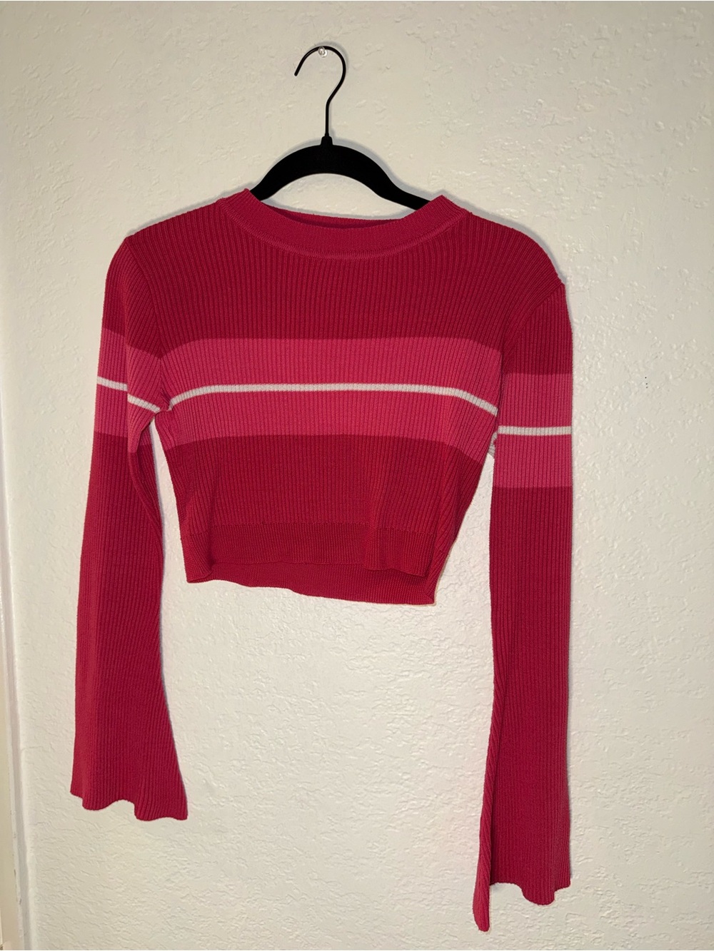 SHEIN Red & Pink Striped Ribbed Cropped Long-Sleeve Top
